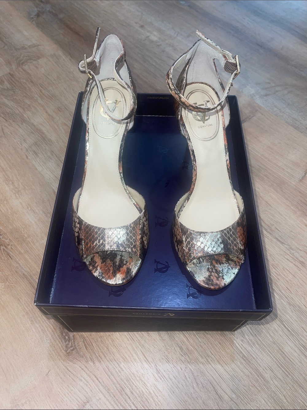 Vince Camuto Metallic Snake-Print Ankle Strap Heels in Bronze and Black